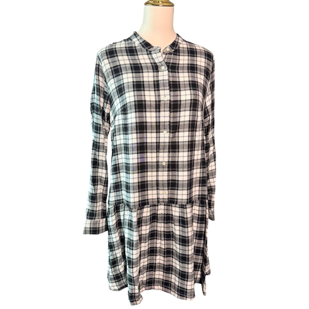 Gap Womens Black White Plaid Long Sleeve Button Down Dropped Waist Dress Size M